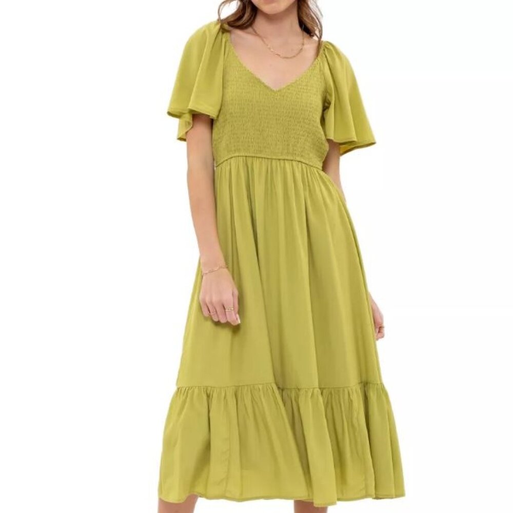 NWT August Sky Women's Short Flounce Sleeves Kiwi Midi Dress Size S